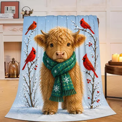 Highland Cow in Snow Blanket: Fluffy Calf with Cardinals