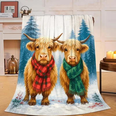 Highland Cows in Winter Scarves Blanket: Cozy Fluffy Cattle Design