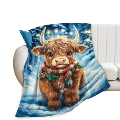Highland Cow in Snow Blanket: Festive Cattle with Holiday Scarf