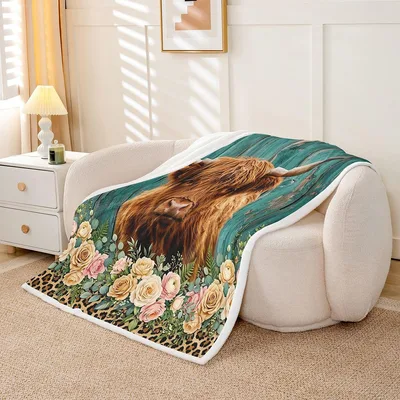 Highland Cow Floral Teal Blanket: Rustic Animal Art with Leopard Print