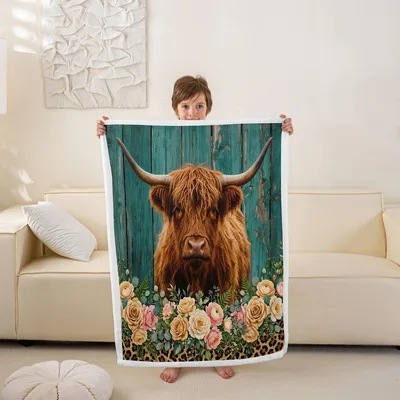 Highland Cow Floral Teal Blanket No. 2