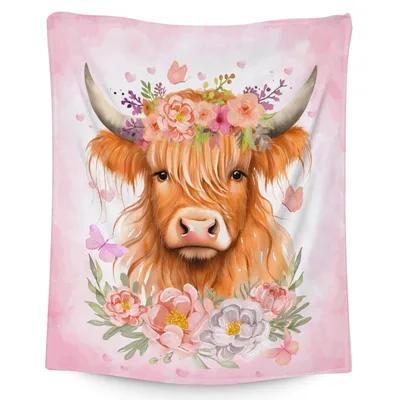 Highland Cow with Flowers Blanket