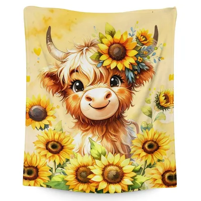 Highland Cow with Sunflowers Blanket: Cute Floral Farm Animal Design