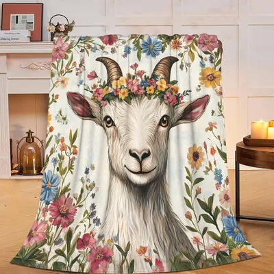 Goat with Flower Crown Blanket: Whimsical Floral Goat Art