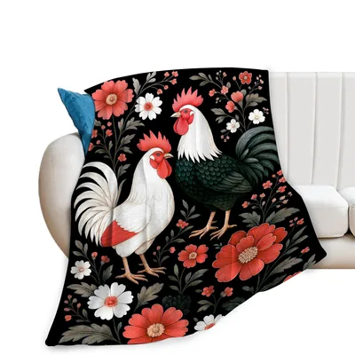 Rooster and Hen Floral Blanket: A Folk Art Chicken Design