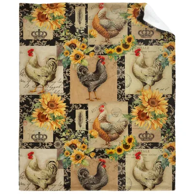Chickens and Sunflowers Pattern Blanket: Vintage Farmhouse Design