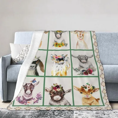 Cute Farm Animals Grid Blanket: Floral Goat Portrait Throw