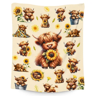 Highland Cows with Sunflowers Blanket: Fluffy Calves and Golden Blooms