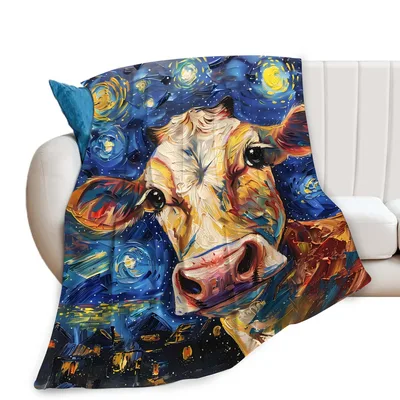 Starry Night Cow Painting Blanket featuring a large cow portrait