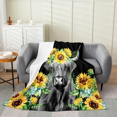 Highland Cow with Sunflowers Blanket: Fluffy Farm Animal Art