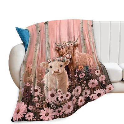 Highland Cow in Pink Forest Blanket: Fluffy Calf and Daisy Meadow