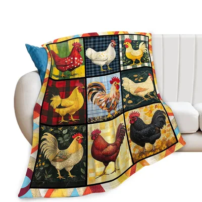 Roosters and Hens Patchwork Blanket: Farmhouse Chicken Quilt Design