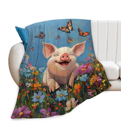 Happy Pig with Butterflies Blanket
