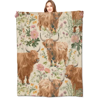 Highland Cows with Wildflowers Blanket: Rustic Farm Animal Art