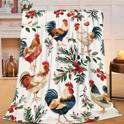 Roosters with Red Berries Blanket: Festive Farm Animal Throw