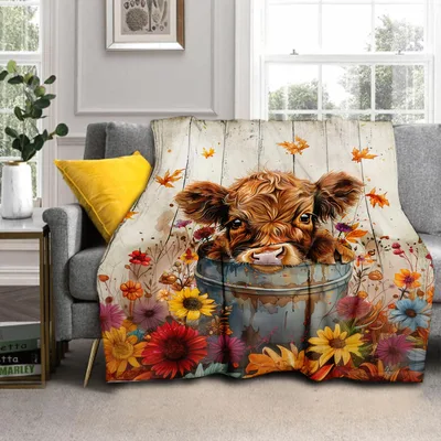 Highland Cow in Flower Bucket Blanket: Rustic Calf Art