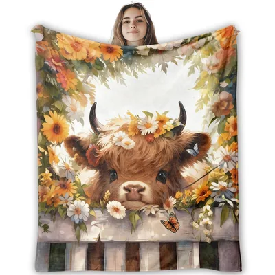 Highland Cow with Sunflowers Blanket: Fluffy Farm Animal Art – Design 2
