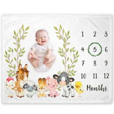 Farm Animals Milestone Growth Blanket features a cute baby