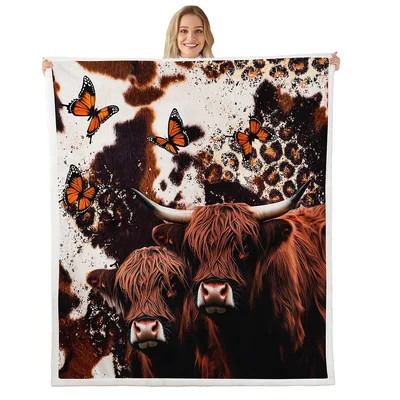 Highland Cows and Butterflies Blanket: Shaggy Herd with Monarch Wings