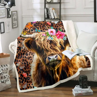 Highland Cow with Flowers Blanket: Shaggy Cattle and Leopard Print