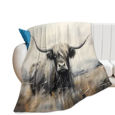Highland Cow Portrait Blanket: Shaggy Herd Animal Art for Farm Lovers