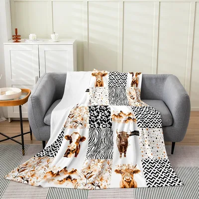 Highland Cow Geometric Pattern Blanket Patchwork Design