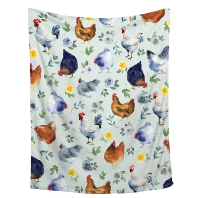 Floral Chickens Pattern Blanket: Watercolor Roosters and Roses Design