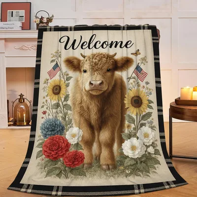 Highland Cow Welcome Sign Blanket featuring a fluffy calf