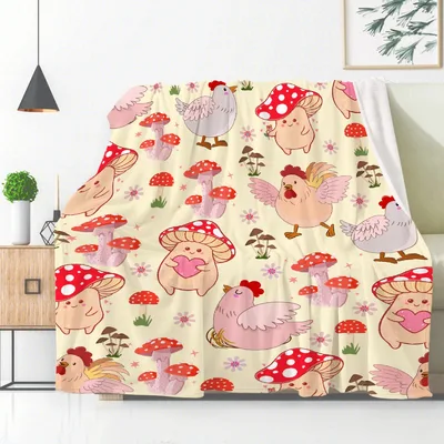 Hens and Mushrooms Pattern Blanket: Cute Farm Animals and Red Caps