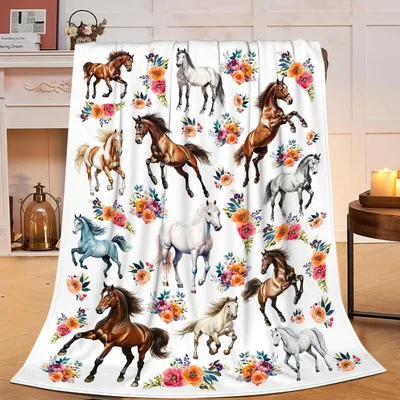 Horses Floral Pattern Blanket featuring watercolor horses