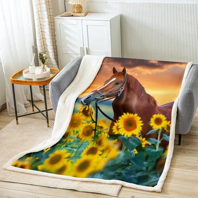 Horse in Sunflower Field Blanket: Equine Sunset Design