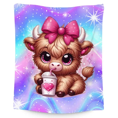 Cute Highland Cow Blanket featuring a fluffy calf