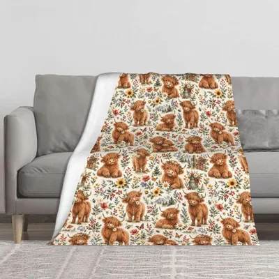 Highland Cow Pattern Blanket: Fluffy Cows and Wildflowers