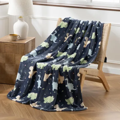 Cow Print Pattern Blanket Featuring Cute Dinosaur Silhouettes on Navy