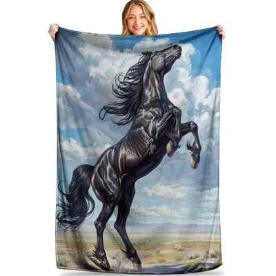 Rearing Black Horse Under Blanket: Majestic Stallion Art Design