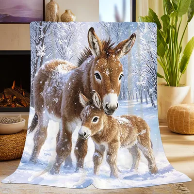 Donkey Mother and Foal Blanket: Cozy Winter Art for Animal Lovers
