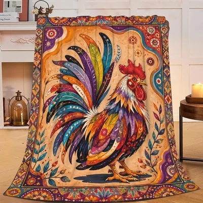 Colorful Rooster Mandala Art Blanket: Vibrant Farmyard Design