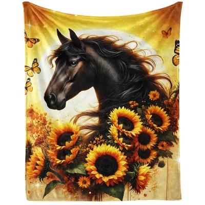 Black Horse with Sunflowers Blanket: Equine Art with Golden Blooms