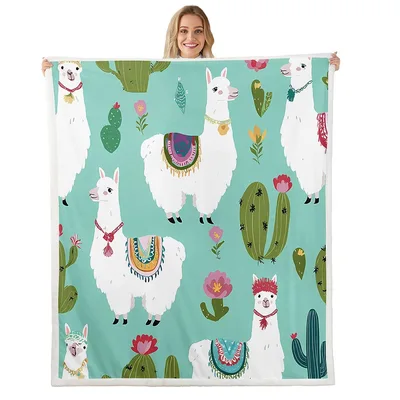 Llamas and Cactus Pattern Blanket featuring fluffy white llamas