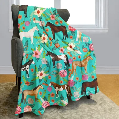 Horses and Flowers Pattern Blanket: Equine Art with Botanical Accents