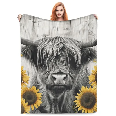 Highland Cow with Sunflowers Blanket: Rustic Farmhouse Art