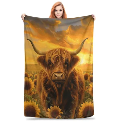 Highland Cow with Sunflowers Blanket featuring a shaggy bovine