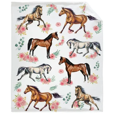 Horses Pink Roses Blanket: Watercolor Equine Art with Floral Accents