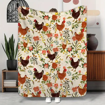 Rooster Chicken Floral Pattern Blanket Farmhouse Peony Design