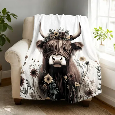 Highland Cow Flower Crown Blanket: Rustic Floral Farm Animal Design