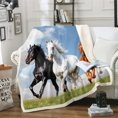 Horses Galloping Across Meadow Blanket: Wild Horses in Green Field