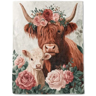 Highland Cow and Roses Blanket: Fluffy Calf with Floral Crown