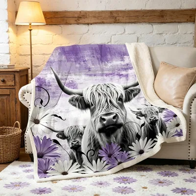 Highland Cow with Purple Blanket: Shaggy Cattle and Daisy Art