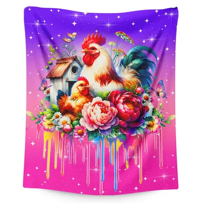 Rooster and Hens Blanket: Vibrant Farmyard Art with Flowers