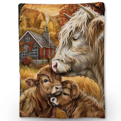 Highland Cows Farmhouse Painting Blanket: Cozy Autumn Cow Art
